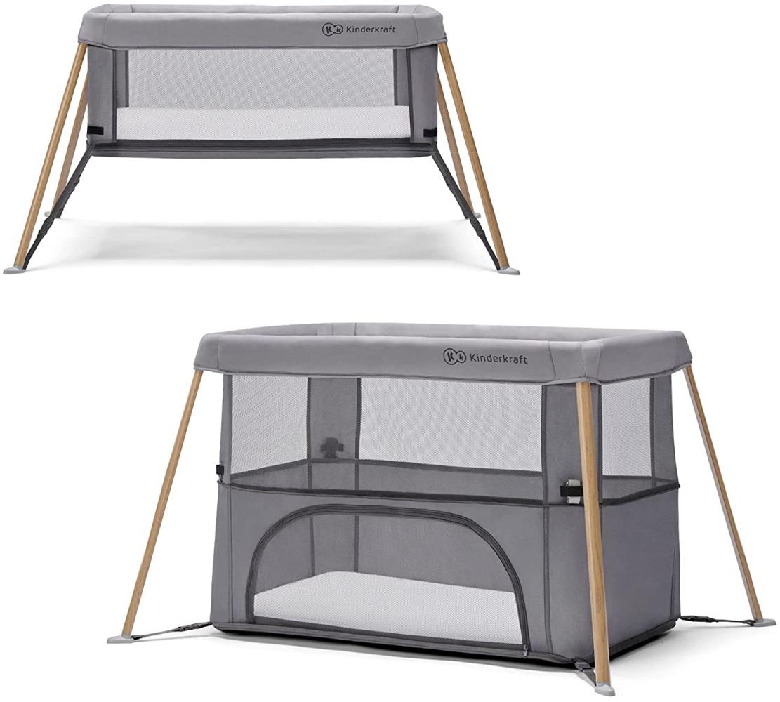 kk Kinderkraft Kinderkraft Reisebett 2 in 1 MOVI, faltbares Kinderbett, Laufgitter, Separater Eingang, 2 Matratzenhöhen, Zusammenklappe, mit Zubehör, Matratze, Tragetasche, Grau Holz, Stahl, Aluminium Bild 1