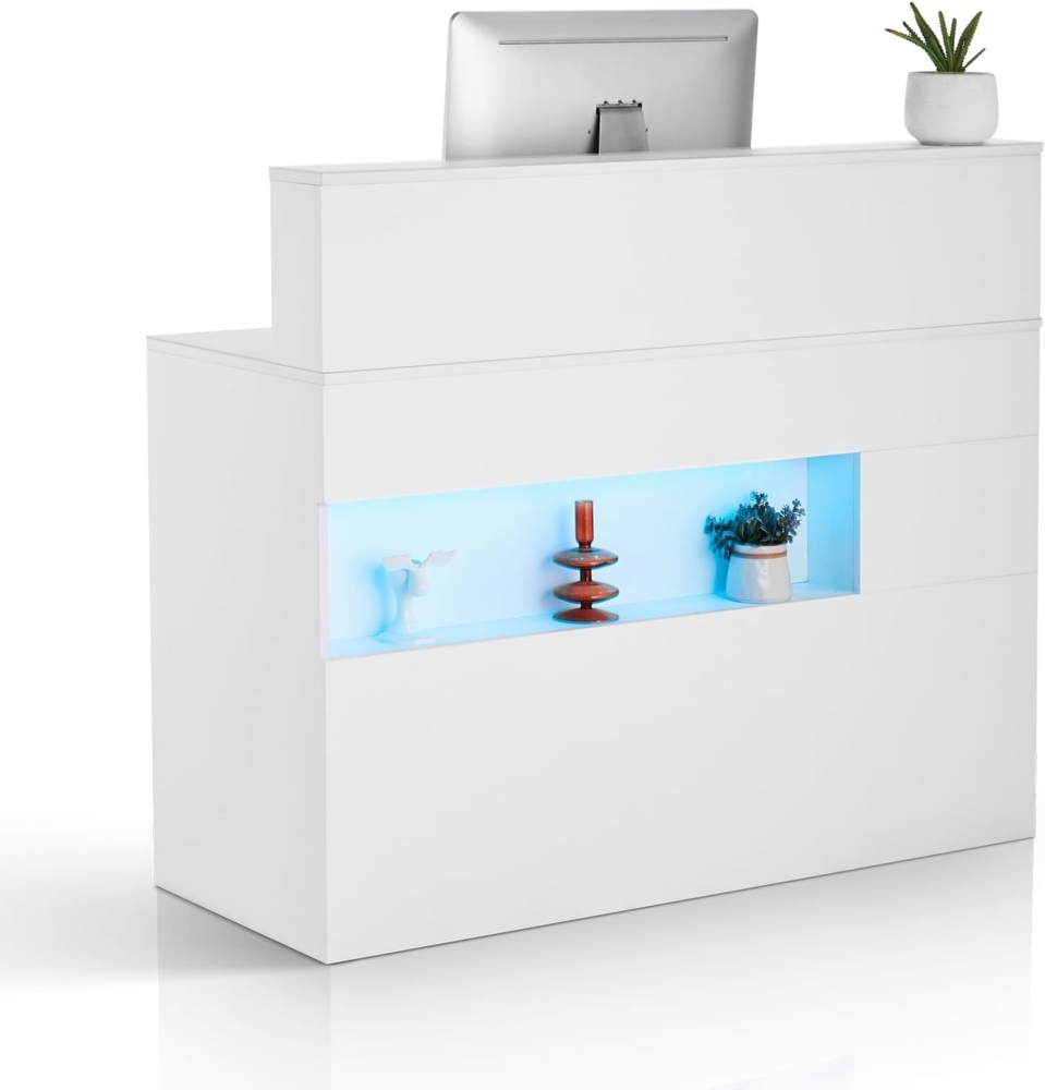 VEVOR Rezeption Empfangstresen Empfangstisch rechteckiger Thekentisch, Empfangstheke Verkaufstresen Kassentheke mit LED-Licht, 2 Schubladen und Steckdosen, für Kasse Schönheitssalon Büro, weiß Bild 1