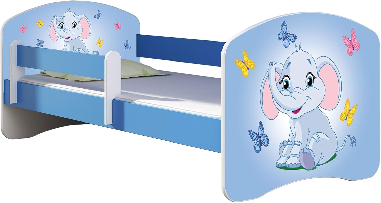 ACMA Kinderbett Jugendbett mit Einer Schublade und Matratze Blau mit Rausfallschutz Lattenrost II 140x70 160x80 180x80 (26 Elefant, 140x70) Bild 1