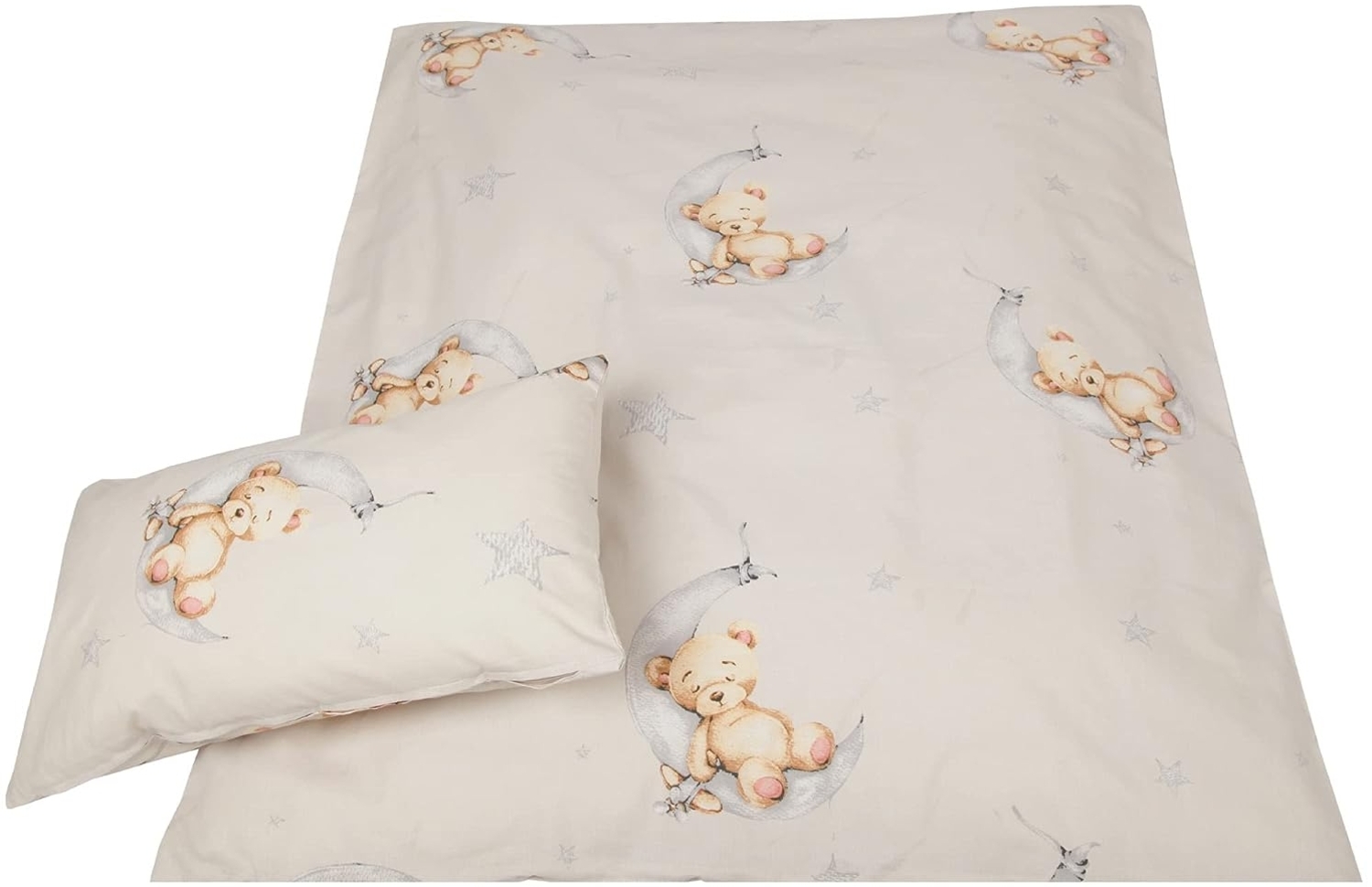 Kinder Bettwäsche 2-tlg (100x135cm / 40x60cm) Bettdecken Set, 100% Baumwolle - Babybettwäsche mit Motiv Bärchen Beige Bild 1