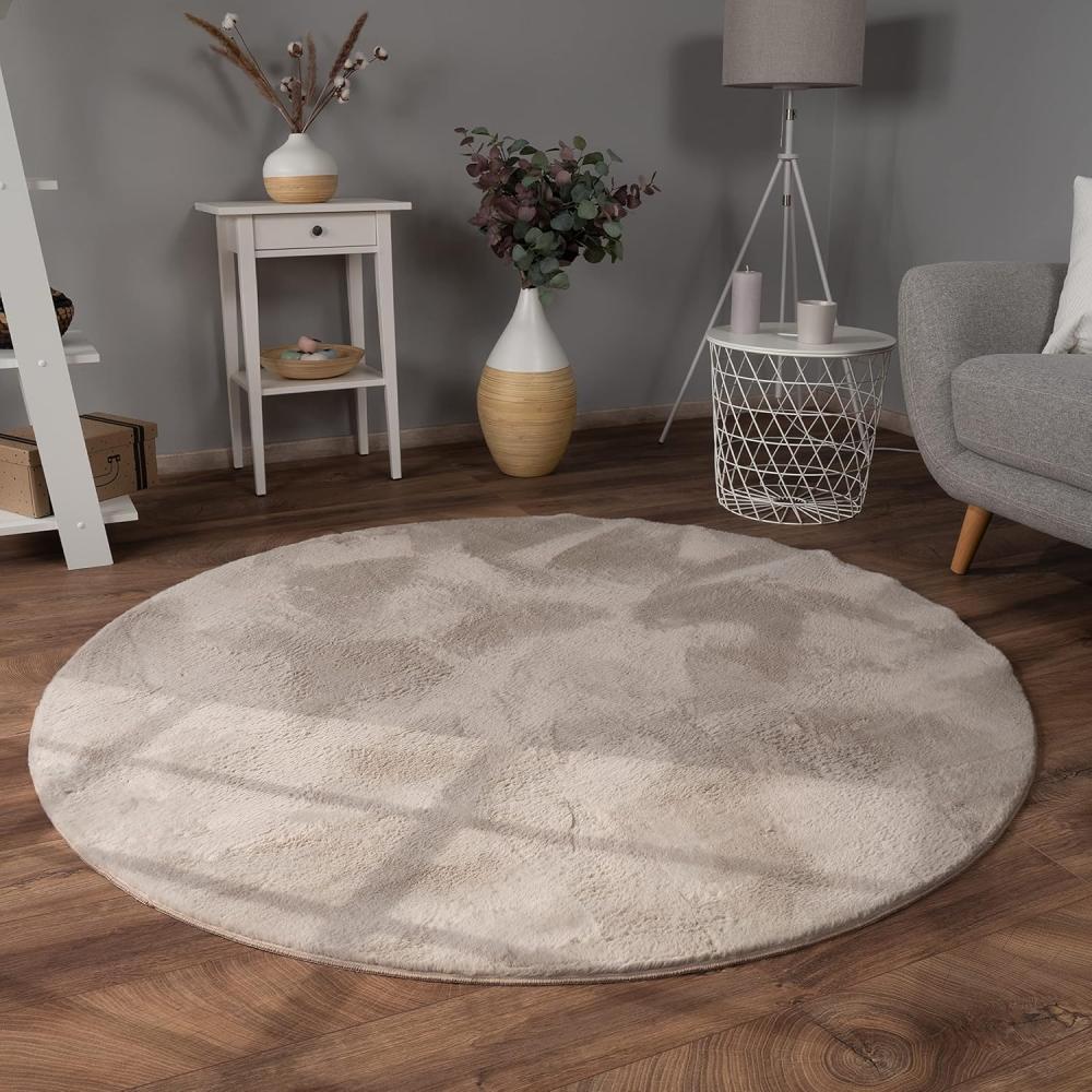 Paco Home Hochflor Teppich Wohnzimmer Flauschig Fellteppich Kunstfell Plüsch Shaggy Weich Fellimitat, Grösse:Ø 100 cm Rund, Farbe:Beige Bild 1