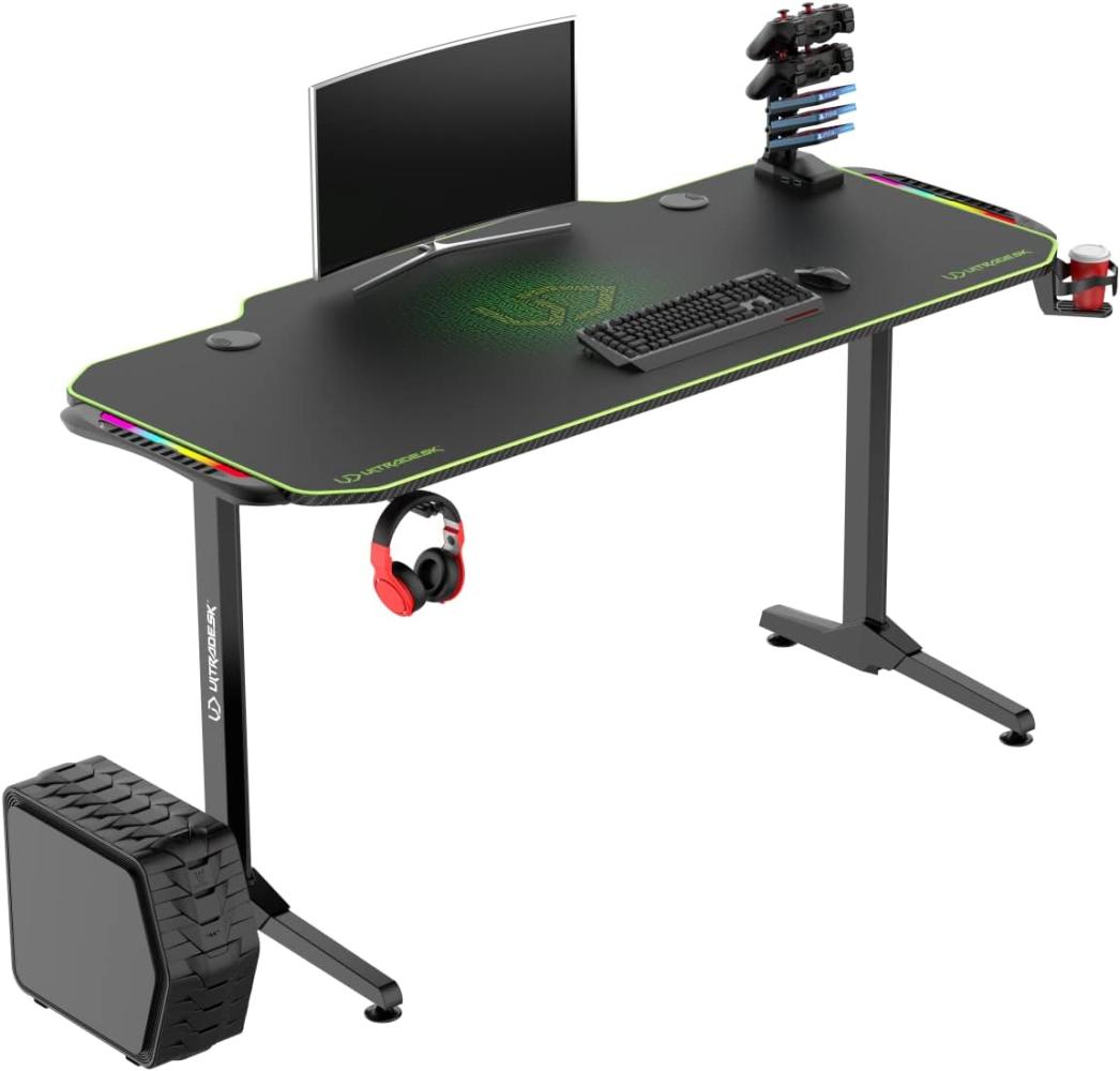 ULTRADESK Frag RGB LED | Gaming-Schreibtisch mit großer Arbeitsfläche & XXL-Pad, 2 Kabeldurchlässe | Gut für Home Office, Fach für Steckdosenleisten | Stahlrahmen, Grünes Pad, 140x66 cm Bild 1