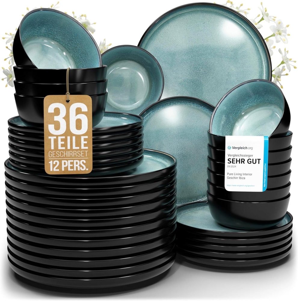 Steingut Geschirrset 12 Pers. Ibiza 36-tlg Hochwertiges Mediterranes TEST SEHR GUT Steingut Geschirr Set - Schüssel- und Teller Set - Tafelservice 12 Personen Geschirrsets Pure Living in Petrol Bild 1