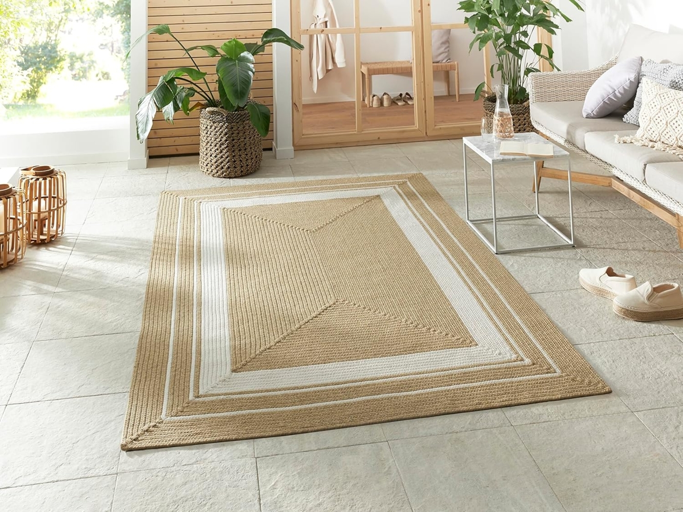 NORTHRUGS Trenzado In- & Outdoor Teppich Wetterfest – Pflegeleicht Handmade-Look für Innen und Außen Gewebter Outdoorteppich Läufer für Balkon, Terrasse, Wohnzimmer, Garten – Creme Beige, 160x230 Bild 1