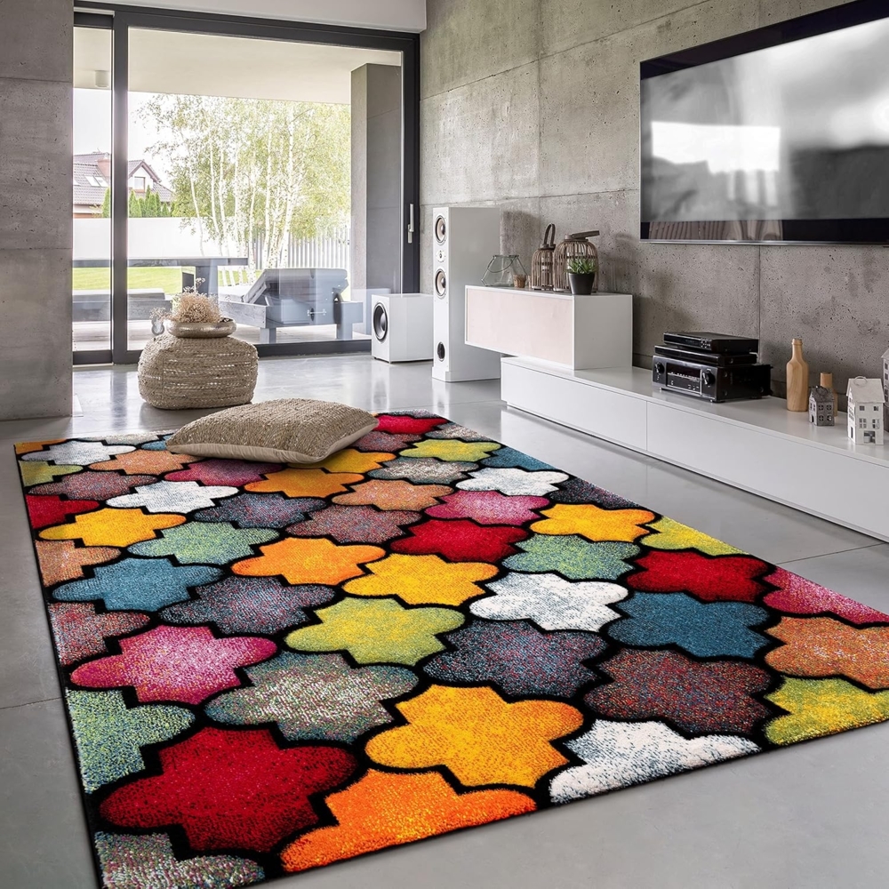 Paco Home Teppich Wohnzimmer Kinderzimmer Kurzflor Moderne 3D Optik Kariert Geometrische Muster, Grösse:80x300 cm, Farbe:Bunt 4 Bild 1