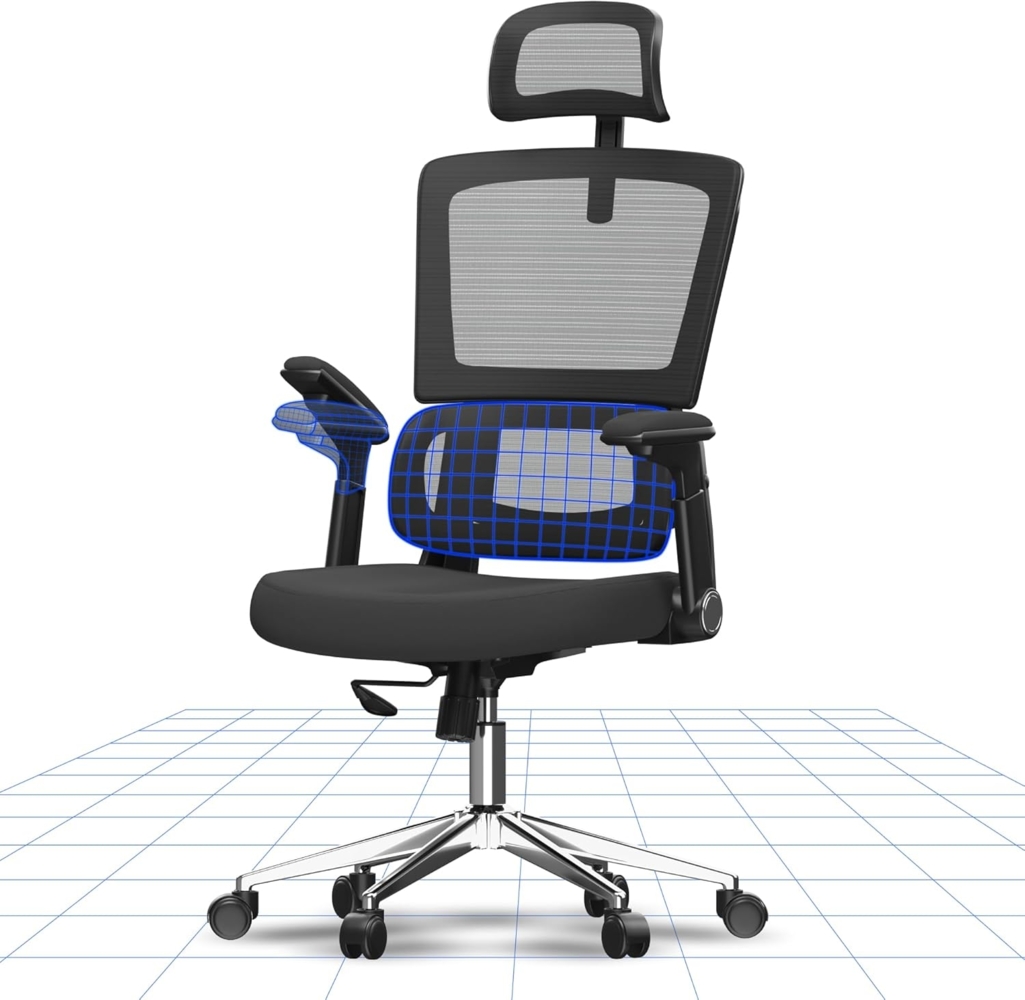 FLEXISPOT Bürostuhl Ergonomisch, 3D Armlehnen Schreibtischstuhl, Höhenverstellbarer Computerstuhl mit Lendenwirbelstütze, Mesh-Sitz -Stuhl, Drehstuhl mit Rollen, Schwarz Bild 1