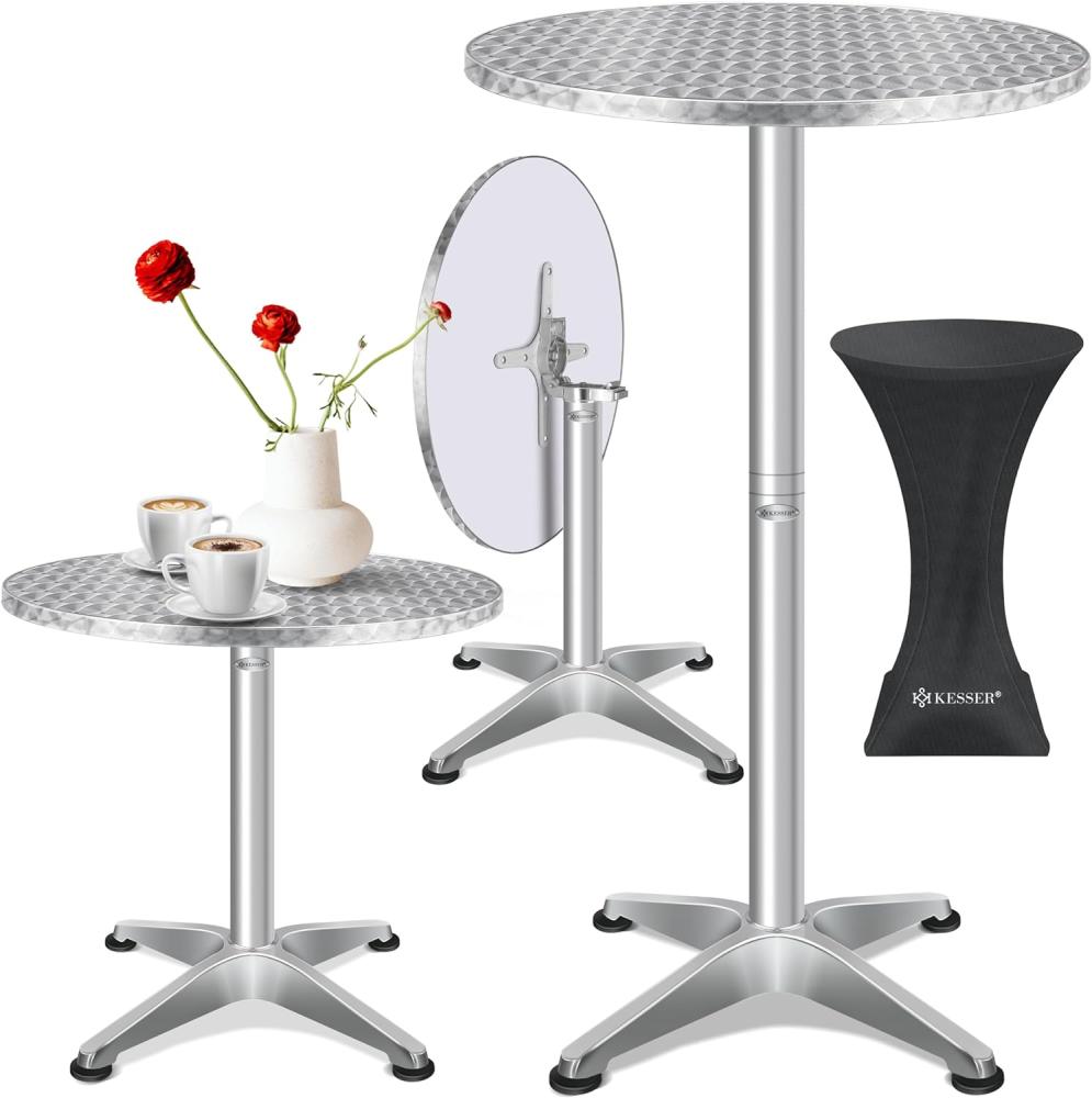 KESSER® 2in1 Stehtisch klappbar Bistrotisch Aluminium Edelstahlplatte | höhenverstellbar | 70cm / 115cm | Partytisch Tisch | In- & Outdoor | Hochzeit | Empfangstisch | Klapptisch inklusive Regencover Silber, Ø 80 cm, 1er Set Bild 1