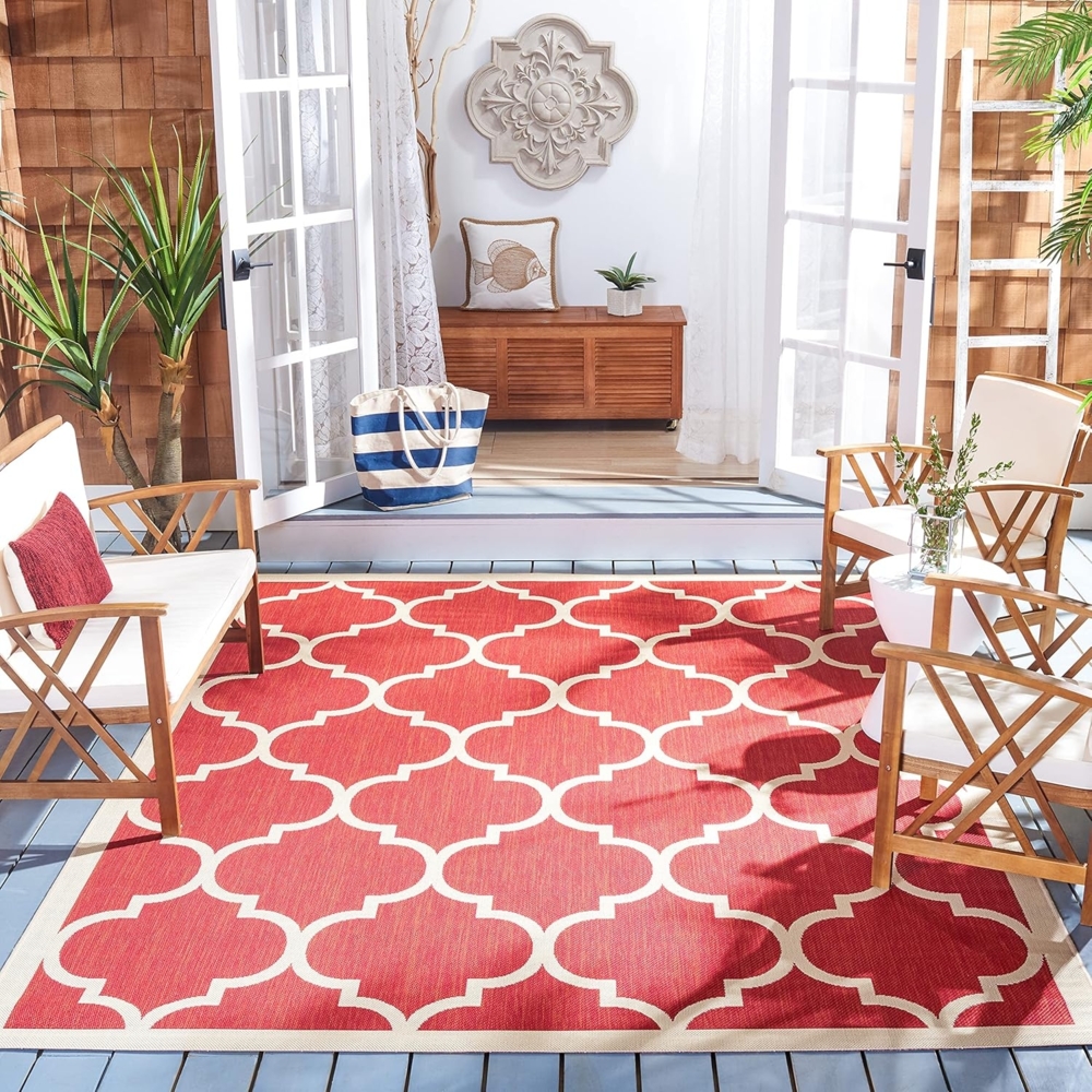 SAFAVIEH Geometrisch Teppich für Wohnzimmer, Esszimmer, Schlafzimmer - Wasserdicht - Courtyard Collection, Kurzer Flor, Rot und Knochen, 160 X 231 cm Bild 1