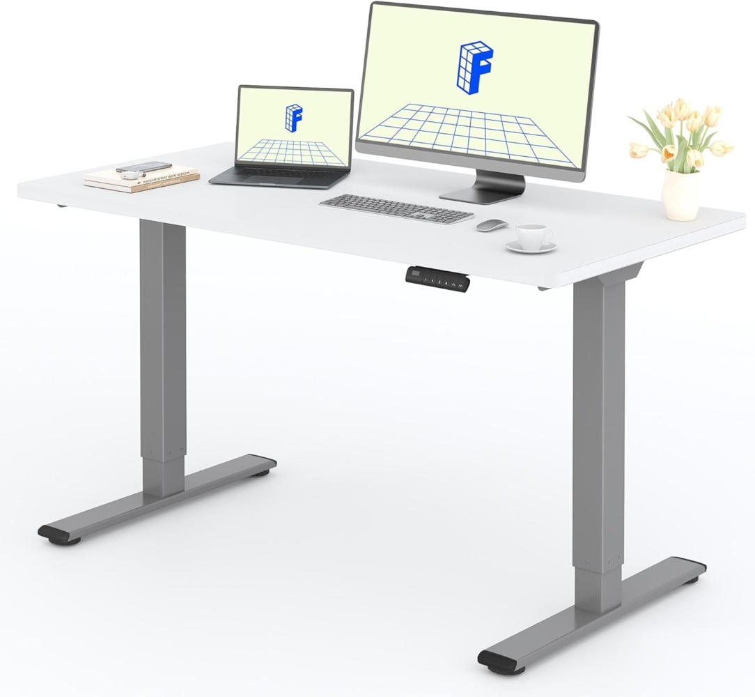 FLEXISPOT Basic Plus Elektrisch Höhenverstellbarer Schreibtisch (140x80 cm) mit Tischplatte 2-Fach-Teleskop, Sitz- & Stehpult mit Memory-Steuerung (weiß+grau Gestell) Bild 1