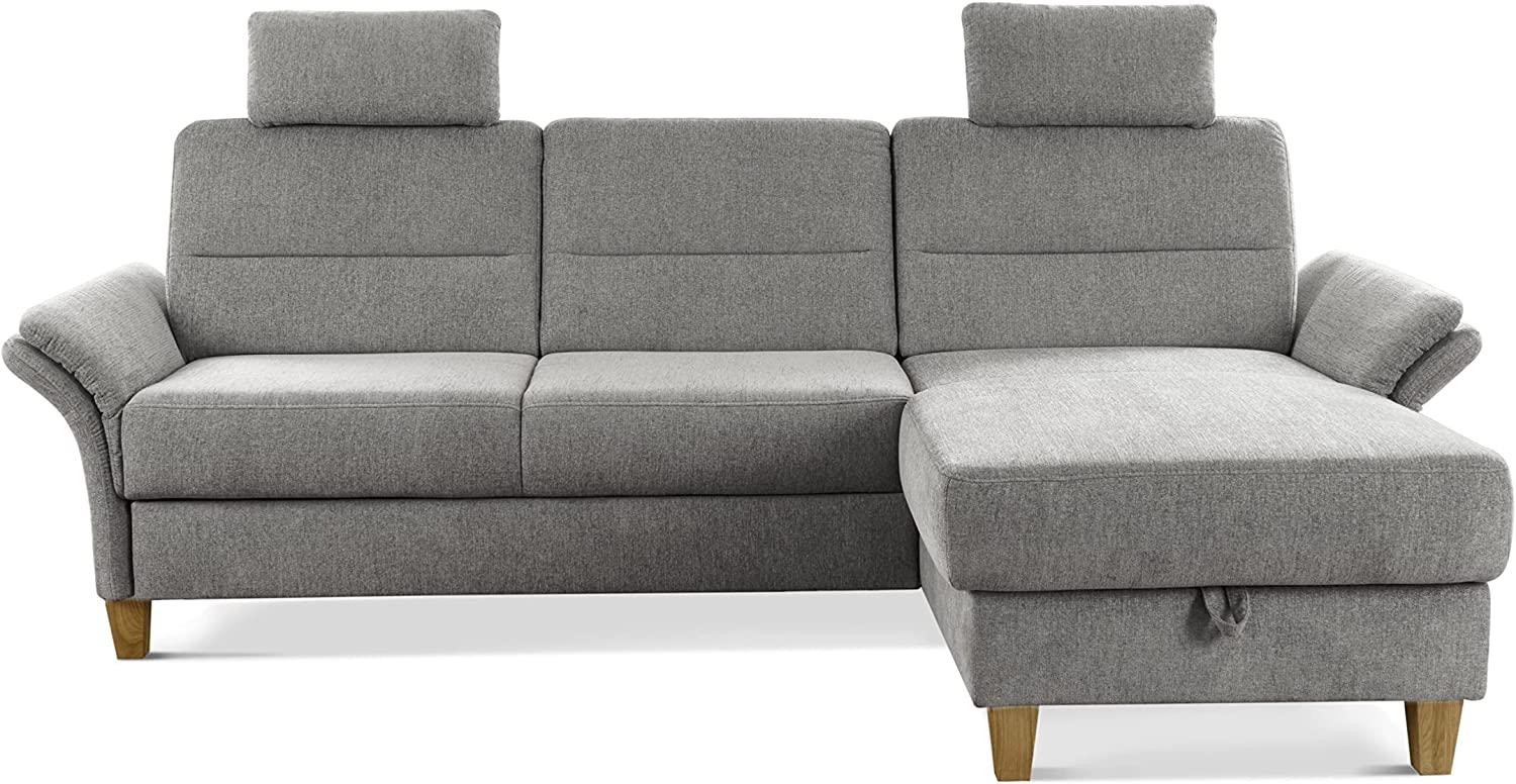 CAVADORE Ecksofa Wyk mit Federkern / Schlafsofa im Landhaus-Stil mit Longchair, Bett, Bettkasten, Armteilfunktion + 2 Kopfstützen / 252 x 90 x 162 / Chenille, Hellgrau Bild 1