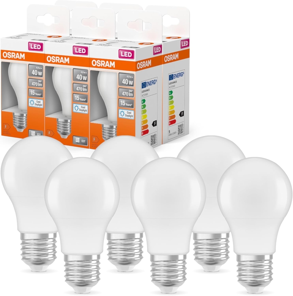 OSRAM LED Star Classic A, Sockel: E27, Nicht Dimmbar, Tageslichtweiß, Ersetzt eine herkömmliche 40 Watt Lampe, Matt, 6er-Pack, 6500k Tageslicht Bild 1