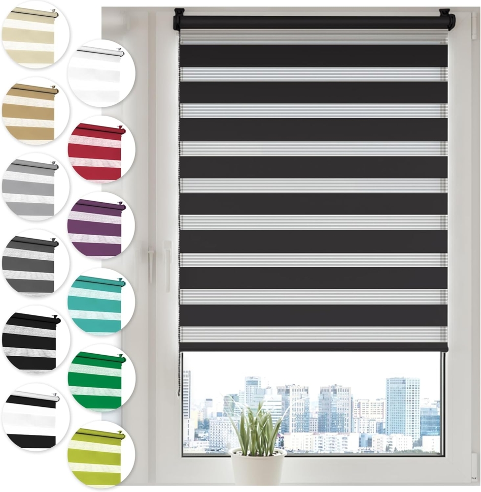 Doppelrollo Klemmfix ohne Bohren 60x100 cm Schwarz Duo Rollo Klemmrollo Sonnenschutzrollo Fensterrollo für Fenster & Türen Zebrarollo Seitenzugrollo Bild 1