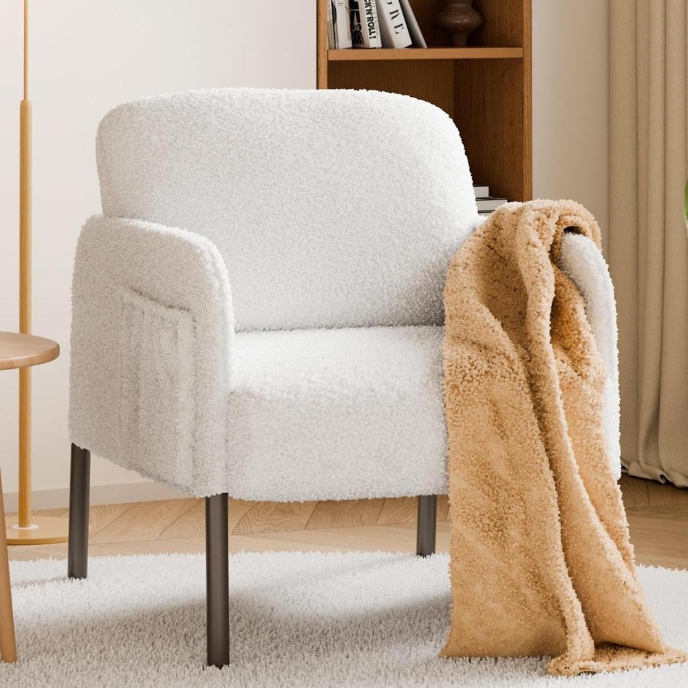 Mondeer Sessel, Einzel Loungesofa mit Seitentasche mit Metallbeinen Gemütlicher Kunstlammfell Stoff Modern, für Wohnzimmer Schlafzimmer Arbeitszimmer, 63 x 75 x 75 cm, Weiß Bild 1