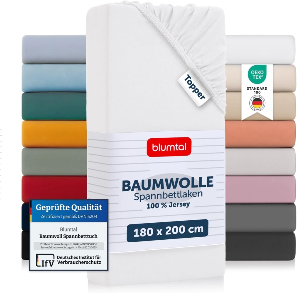 Blumtal® Basics Jersey Spannbettlaken 180x200 cm -Oeko-TEX Zertifiziert, 100% Baumwolle Bettlaken, bis 7cm Topperhöhe, Weiß Bild 1