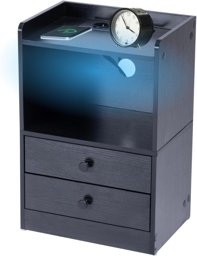 FurnitureR LED Nachttisch, 16-farbige intelligente LED-Beleuchtung, 2-Ladestecker und 2-USB-Steckdosen, 2-Schubladen, für Schlafzimmer, Wohnzimmer, Arbeitszimmer, 38 x 26.5 x 56 cm,1PCS Bild 1