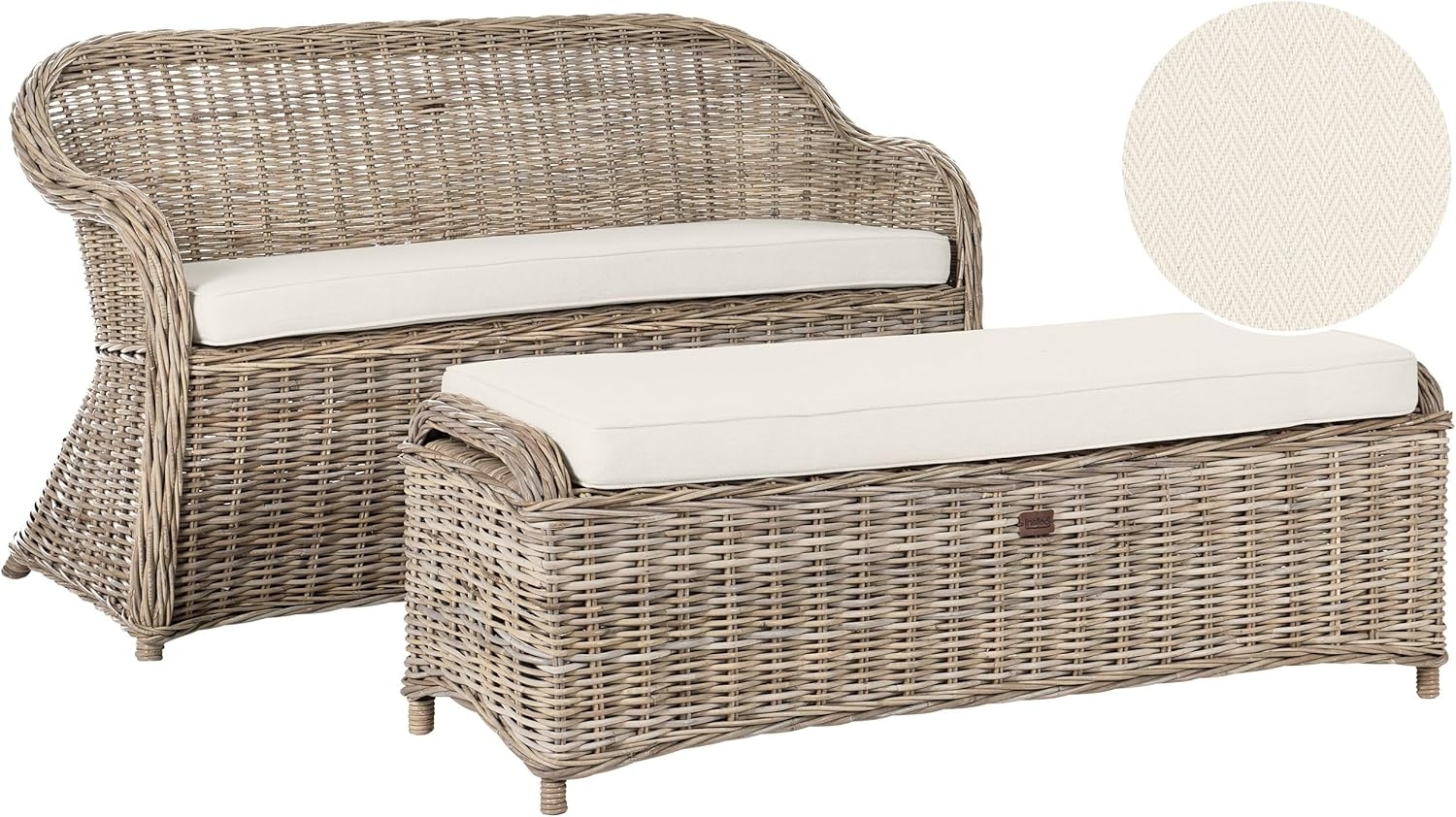 Beliani 'SUSUA' Gartensofa mit Ottomane, 2-Sitzer, Rattan natur, 150 x 69 x 87 cm Bild 1