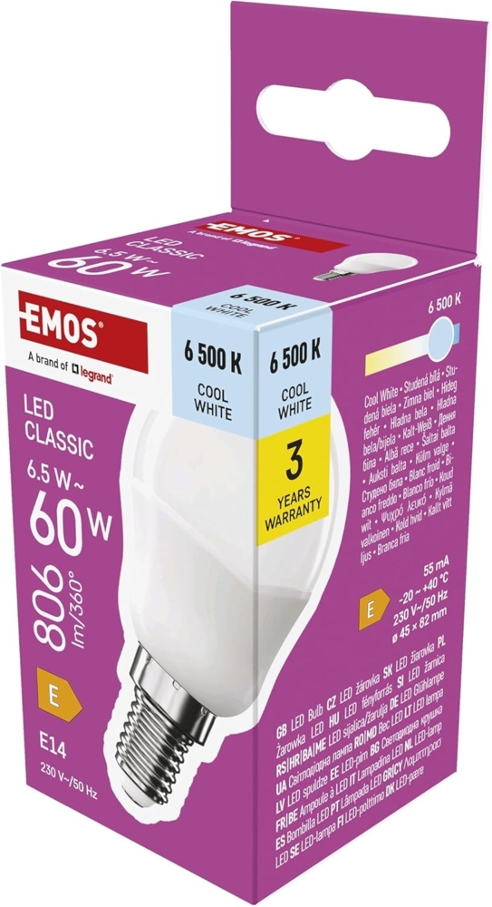 EMOS LED Lampe Mini Globe, 6,5W Ersatz für 60W Glühbirne, kleine Birne mit E14 Sockel, Helligkeit 806 lm, Kaltweiß 6500 K, 30000 h Lebensdauer, CRI min. 80, 150° Abstrahlwinkel Bild 1