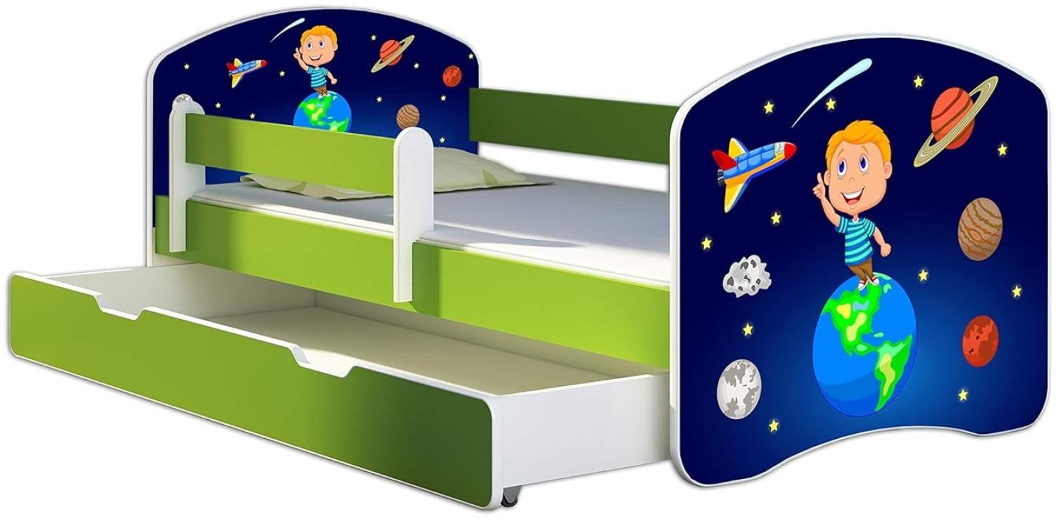 ACMA Kinderbett Jugendbett mit Einer Schublade und Matratze Grün mit Rausfallschutz Lattenrost II 140x70 160x80 180x80 (22 Kosmos, 140x70 + Bettkasten) Bild 1