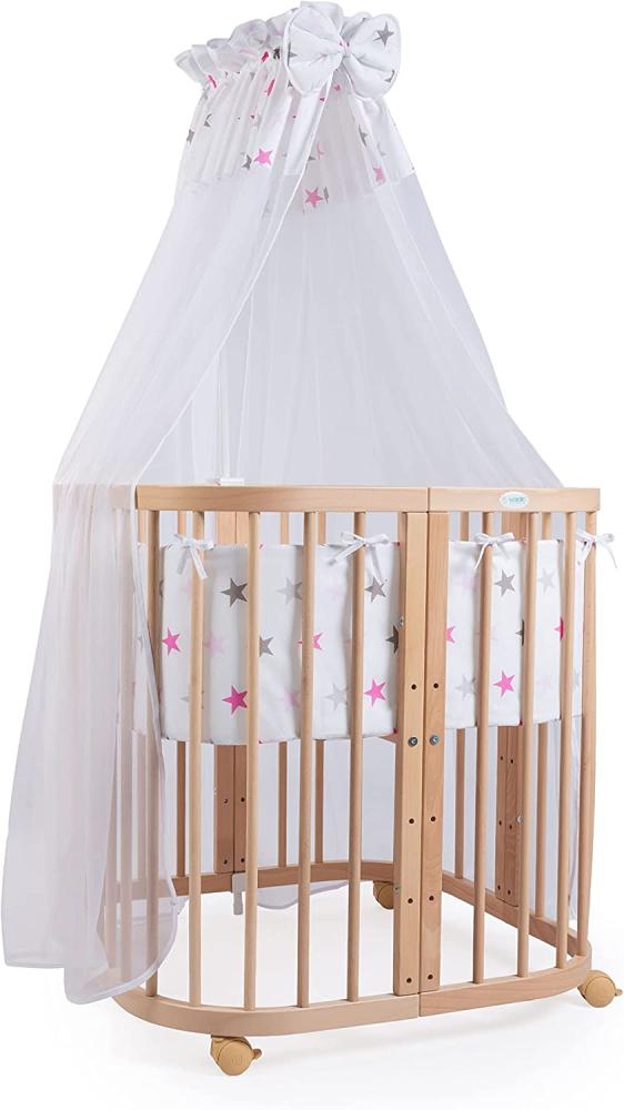 Waldin Babybett aus Holz 7in1 mit Matratze, mitwachsendes Kinder-Bett, belüftet, Boden 5-fach verstellbar, All-Inclusive-Set Holz natur, Stoffe Sterne pink Bild 1