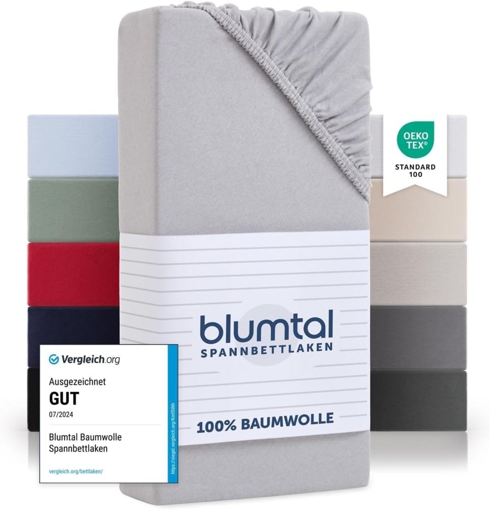 Blumtal® Baumwolle Spannbettlaken 135x190 cm Basics Jersey im 2er Set - Bettlaken 135x190 cm - Oeko-TEX zertifiziertes Spannbetttuch 135x190 cm - Matratzenbezug 135x190 cm - Moonlight Grey - Grau Bild 1