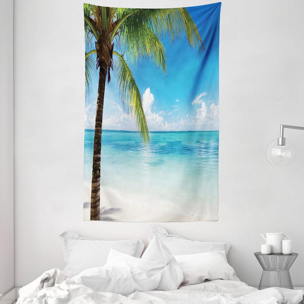 ABAKUHAUS Ozean Wandteppich, Exotischer Strand Wasser und Palme am Ufer Klarer Himmel Landschaft Bild, aus Weiches Mikrofaser Stoff Wand Dekoration Für Schlafzimmer, 140 x 230 cm, Grün Blau Weiß Bild 1