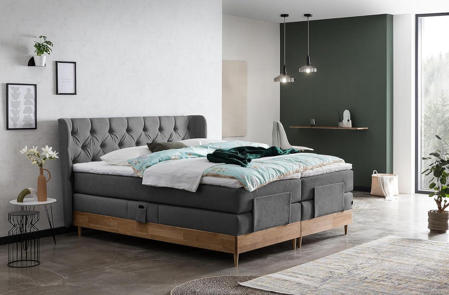 Belanoti EON Boxspringbett 160x200 elektrisch verstellbar 7-Zonen Taschenfederkern Matratze inkl Visco Topper Bett 160x200 mit Motor in der Farbe Anthrazit H2/H3 Polsterbett Motorbett Massivholz Eiche Bild 1