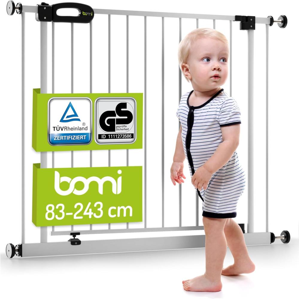 BOMI Baby Schutzgitter Treppe 83-243 | Zum Klemmen | 90° Stop | Schließt automatisch | Gittertür aus Metall weiss | Stabile Baby Schutzgitter Tür für Kindersicherheit | Treppen Türgitter Bild 1