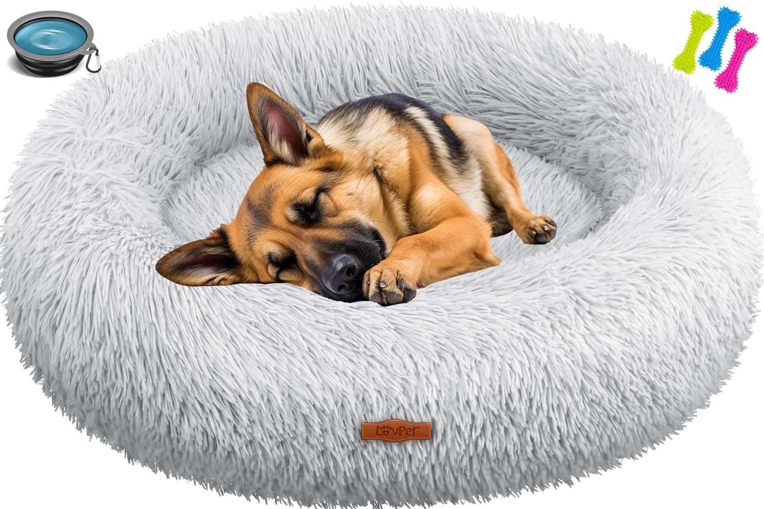 LOVPET® Hundebett Hundekissen Katzenbett Bagel, Waschbar, Inkl. Napf + 3x Kauknochen, Hundesofa flauschig Kissen Rund aus Plüsch für Kleine, Mittelgroße & Große Hunde, Katzen Hellgrau, 3XL (100x100 cm) Bild 1