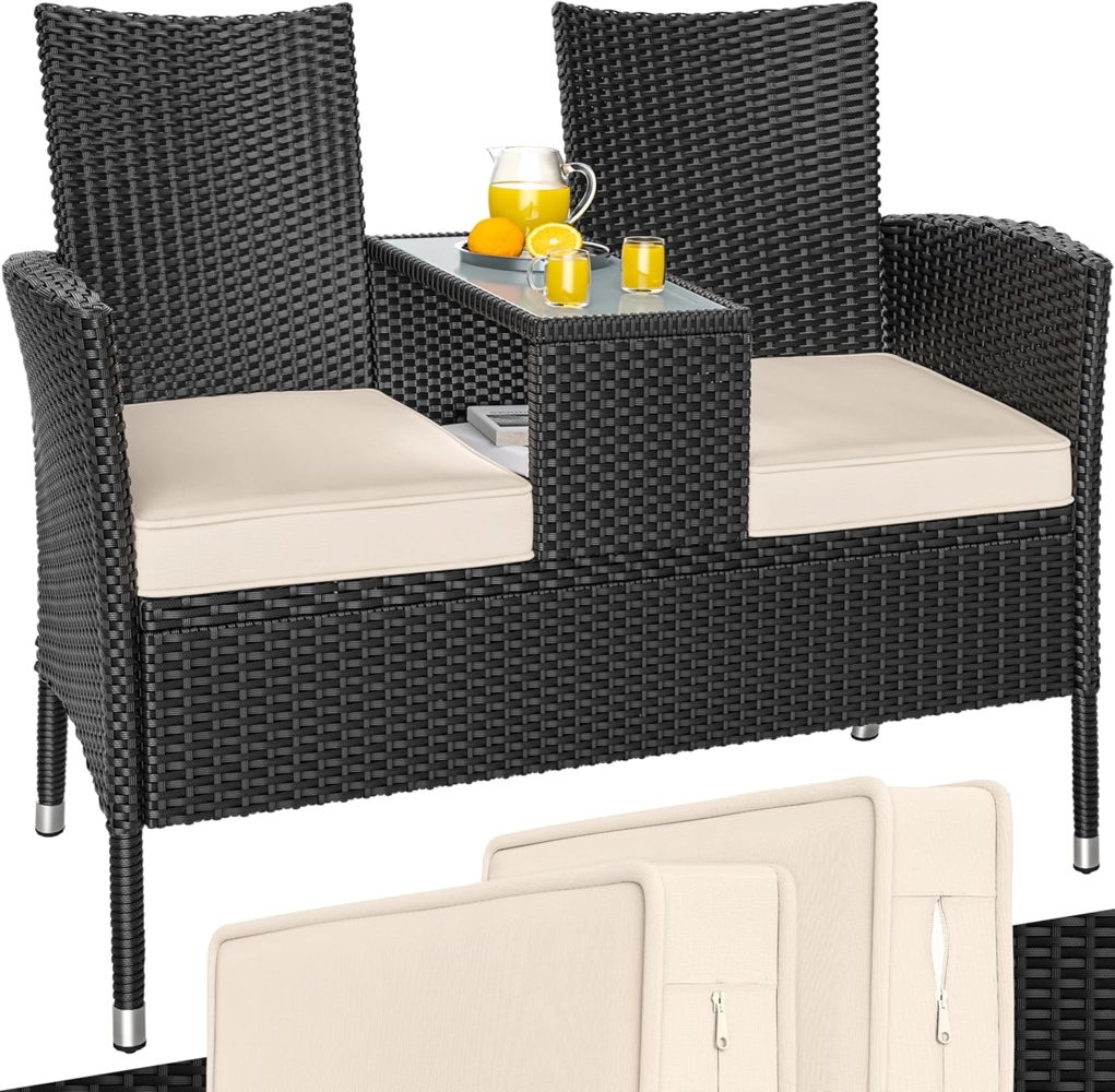 Casaria Gartenbank, inkl. Auflagen Polyrattan 320kg Belastbar Tisch Garten Schwarz Bild 1