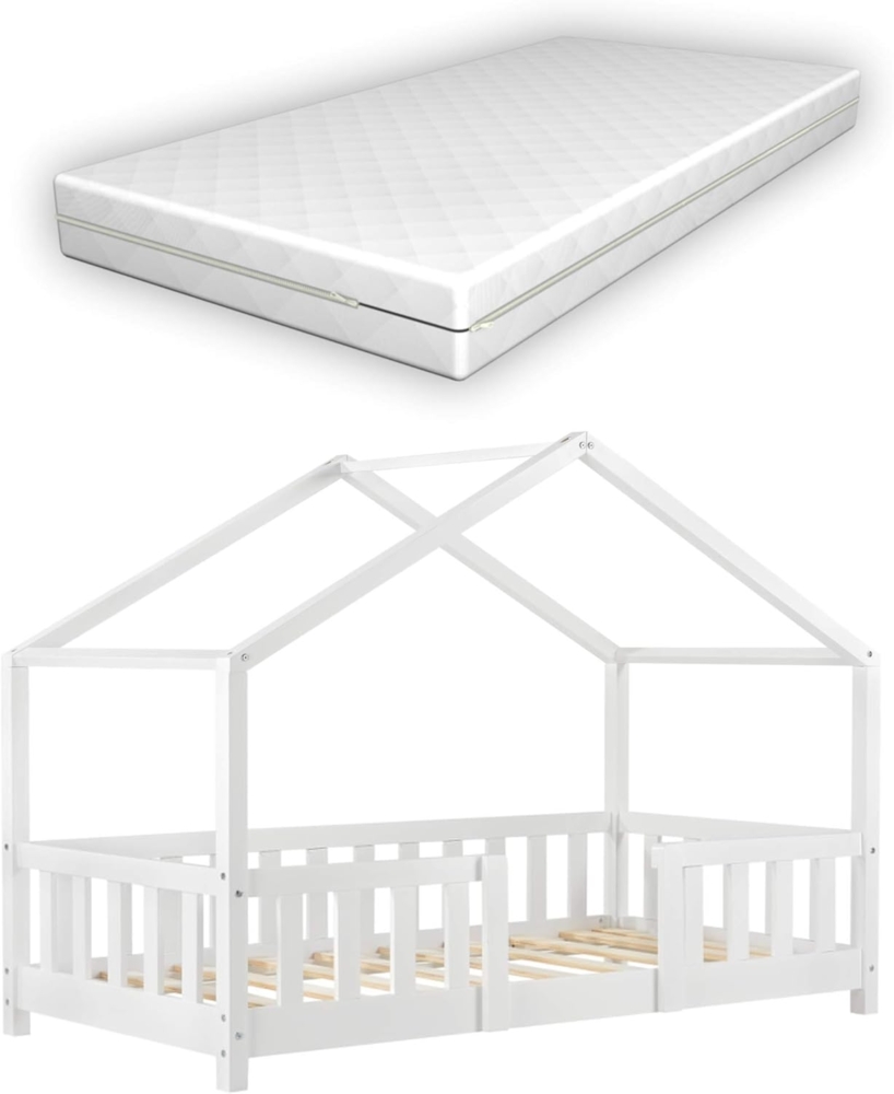 Encasa Hausbett 70x140 cm weiß, mit Komfort-Matratze und Rausfallschutz Bild 1