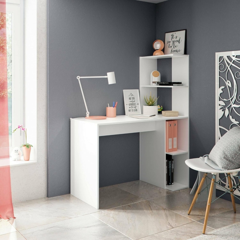 Dmora - Pittston-Schreibtisch, linearer Schreibtisch mit Bücherregal, platzsparender Mehrzweck-Bürotisch, 110x52h136 cm, Weiß Bild 1