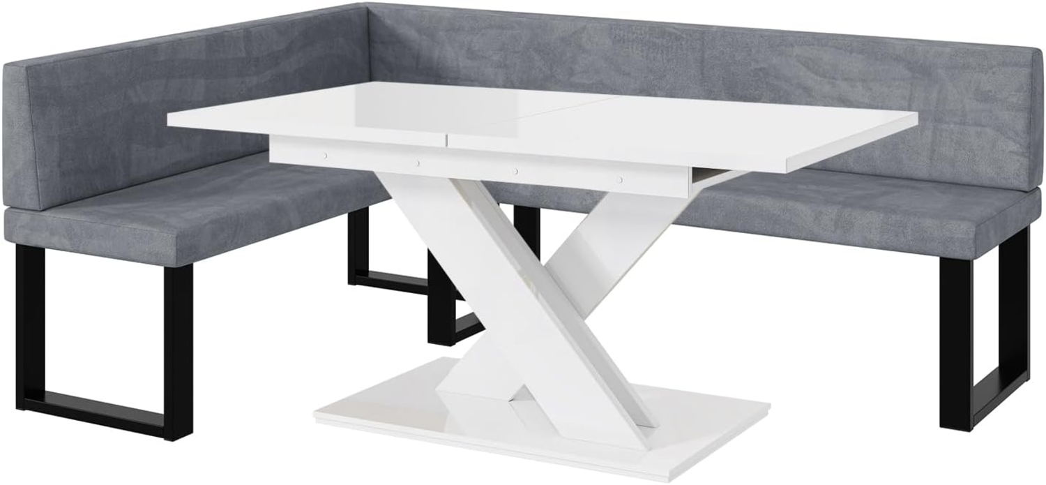 MEBLINI Eckbank für Esszimmer mit ausziehbarem Tisch - Küchenbank - Essecke - Sitzecke Küche - TONI - U-Beine 142x196x87cm Links - Grau Samt/B Weiß Hochgl. Bild 1