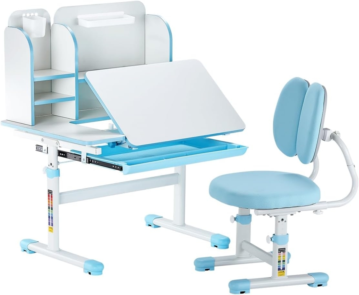 VEVOR Schreibtisch Kinderschreibtisch Arbeitstisch und Stuhl höhenverstellbarer (54-73 cm) belastbarer (100 kg) 0–40° neigbarer Tisch mit Bücherregal für Schlafzimmer Arbeitszimmer Schule Blau Bild 1