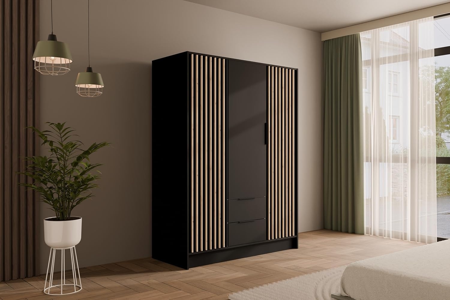 ALTDECOR Drehtürenschrank NELIA (Kleiderschrank Garderobenschrank mit viel Stauraum, Moderner Schrank) Vielseitiger Drehtürenschrank mit Spiegeltüren Spiegel Lamellen Bild 1