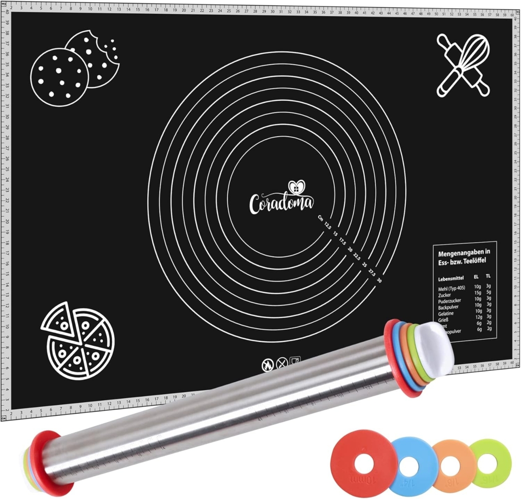 Coradoma Backmatte Backmatte 60x40 cm mit Teigroller Silikonmatte Backunterlage Teigmatte, Silikon Bild 1