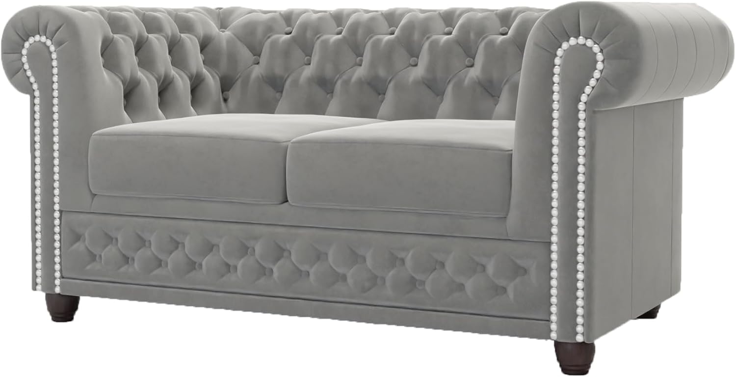 S-Style Möbel Chesterfield-Sofa Chesterfield Lena 2 sitzer aus Samt-Stoff mit Holzfüßen, 2-Sitzer, mit Wellenfederung Bild 1