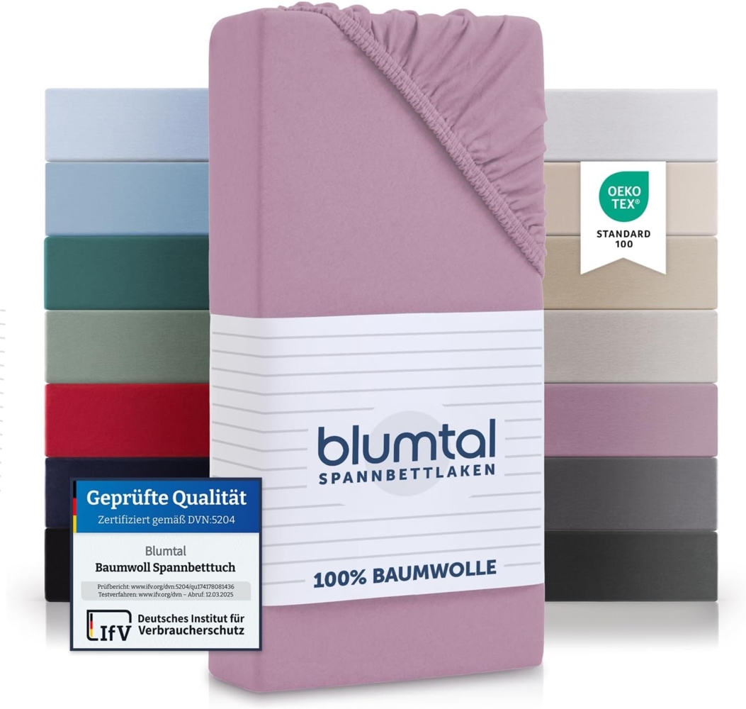 Blumtal® Baumwolle Spannbettlaken 135x190 cm Basics Jersey im 2er Set - Bettlaken 135x190 cm - OEKO-TEX zertifiziertes Spannbetttuch 135x190 cm - Matratzenbezug 135x190 cm - Leintuch - Dusty Orchid Bild 1