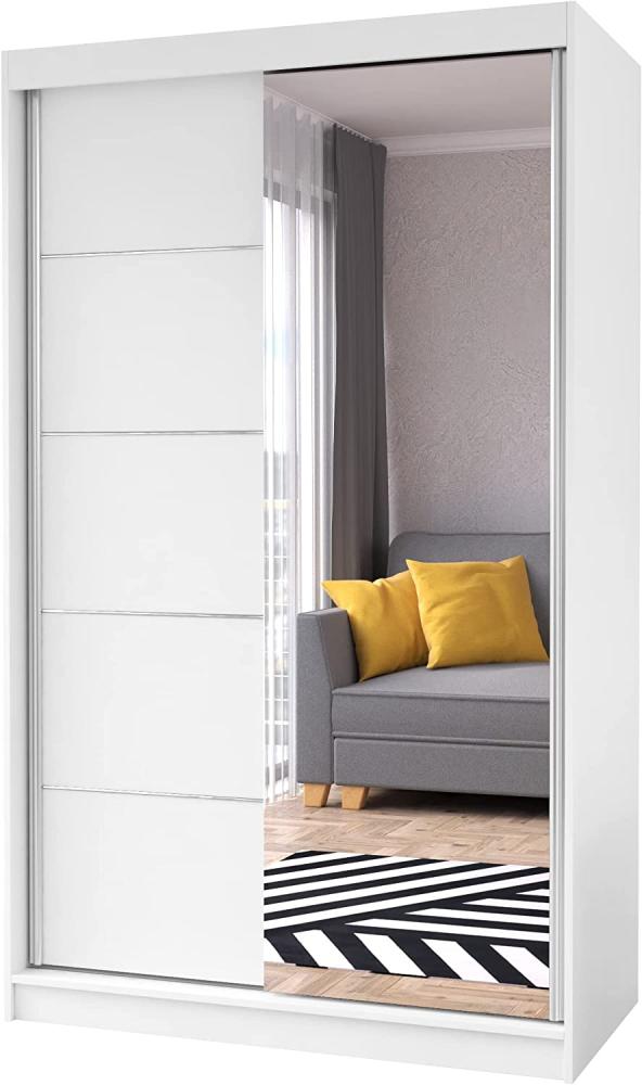 Fabryka Mebli Idźczak Schiebetürenschrank, eleganter Kleiderschrank Schrank Garderobe Spiegel Neomi 05, Schlafzimmer- Wohnzimmerschrank Schiebetüren Modern Design (Weiß/Weiß) Bild 1