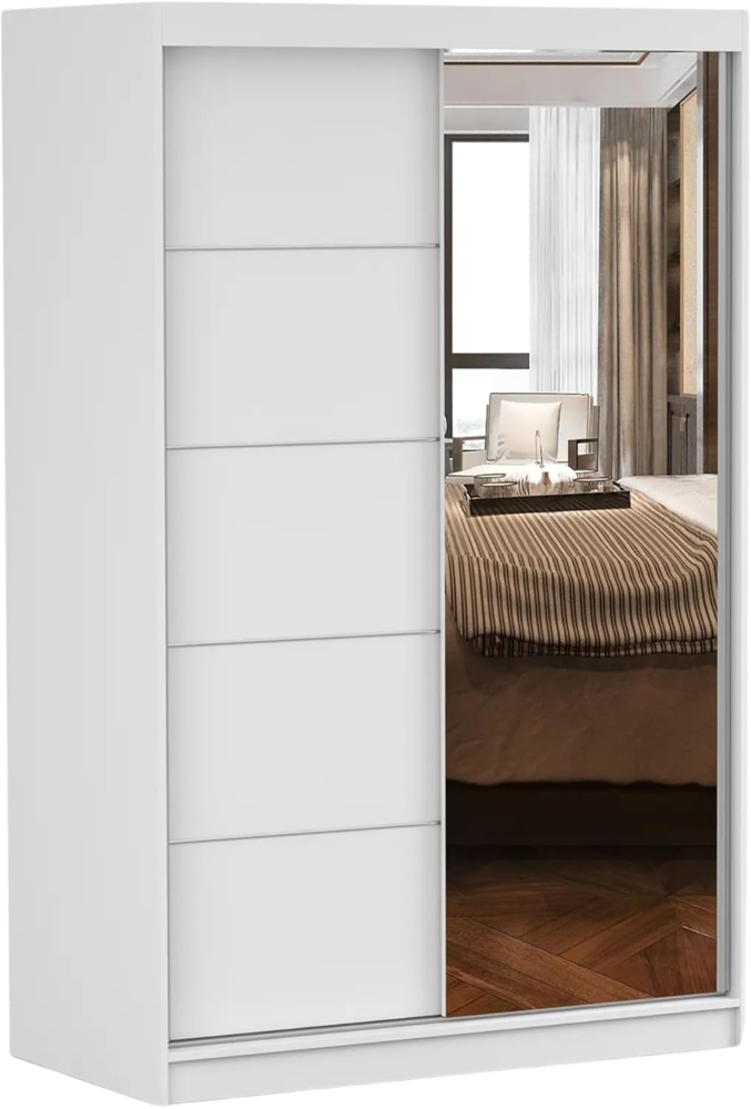 Fabryka Mebli Idźczak Schiebetürenschrank, eleganter Kleiderschrank Schrank Garderobe Spiegel Neomi 05, Schlafzimmer- Wohnzimmerschrank Schiebetüren Modern Design (Weiß/Weiß) Bild 1