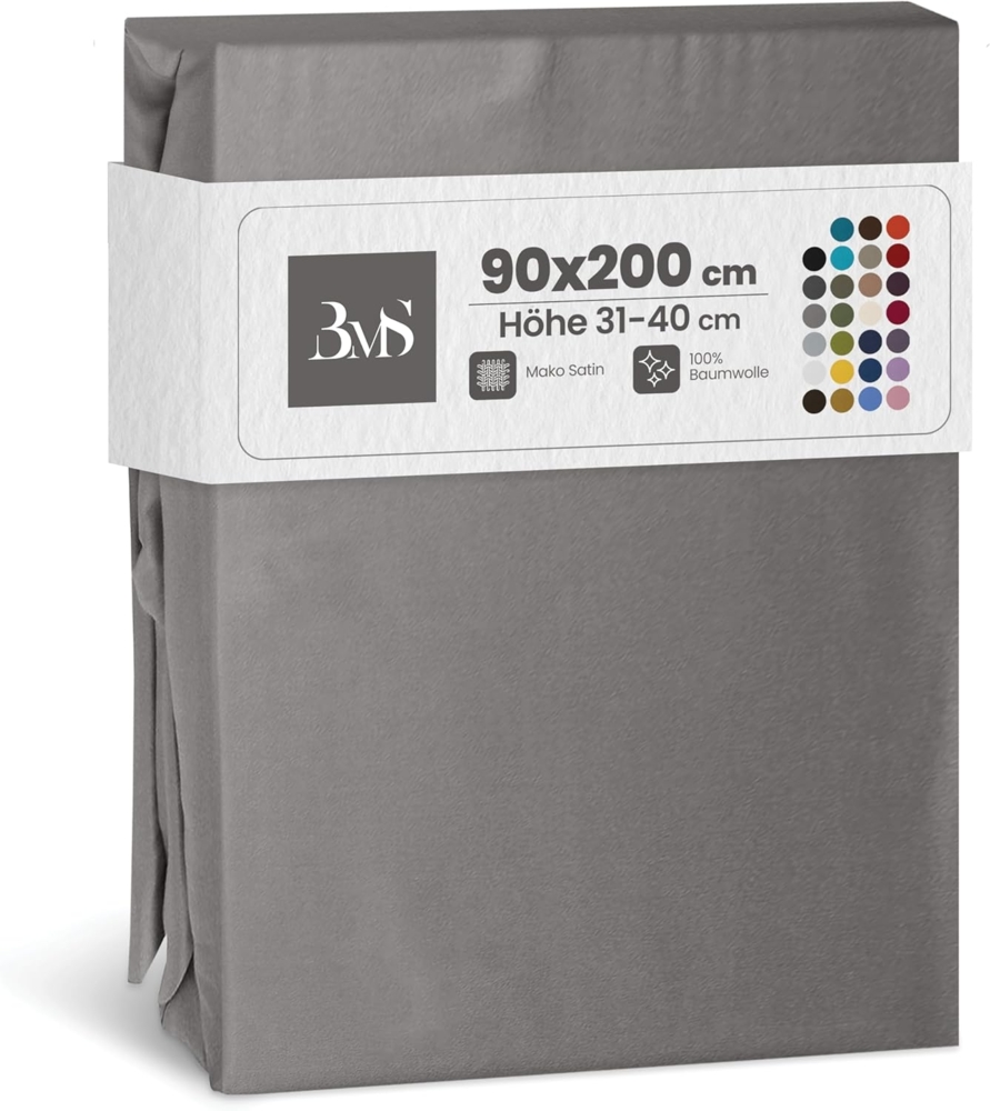 Bettwaesche-mit-Stil Mako-Satin Spannbettlaken dunkelgrau 90x200cm Höhe 31-40cm Bild 1