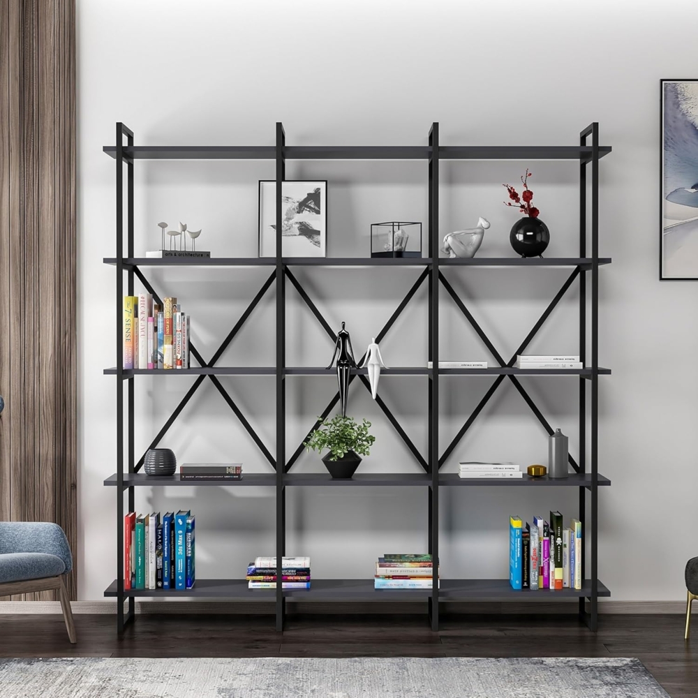 Hanah Home Stylish Wall-Mounted Bookshelf, Black & Anthracite, 180 x 34 x 180 cm | 100% Melamine Coated Particle Board, 18 mm Thick | Space-Saving Design with Numerous Shelves Bild 1