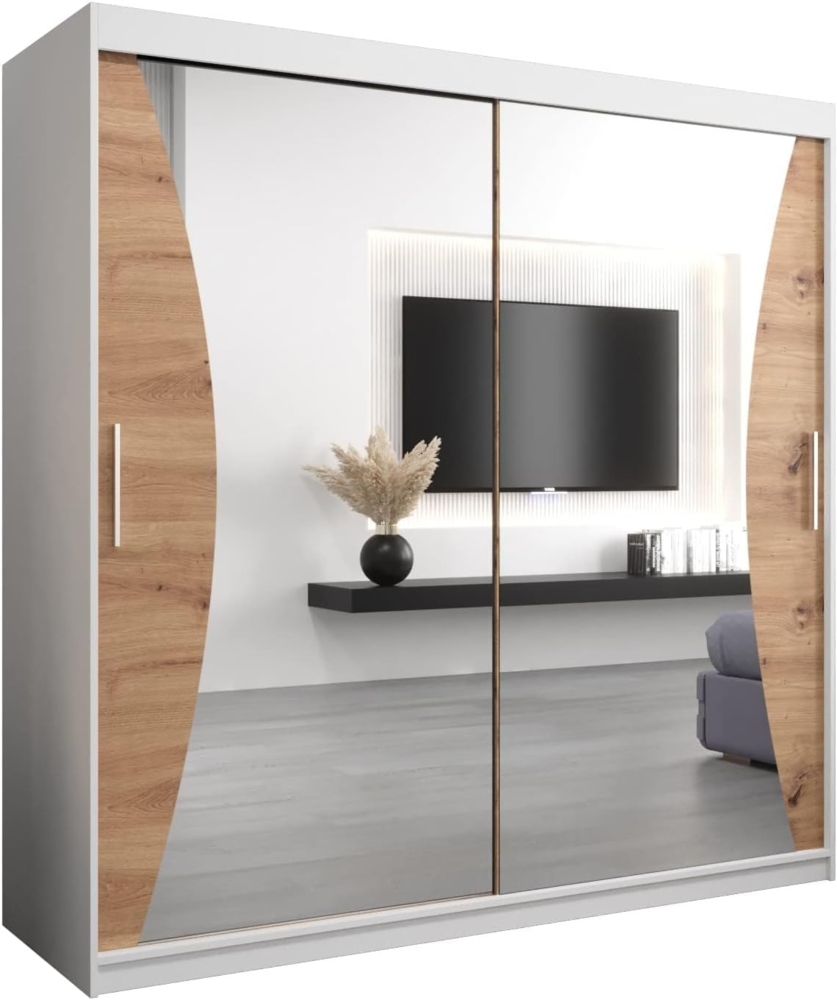 Kryspol Schwebetürenschrank Monaco 200 cm mit Spiegel Kleiderschrank mit Kleiderstange und Einlegeboden Schlafzimmer- Wohnzimmerschrank Schiebetüren Modern Design (Weiß + Artisan Eiche) Bild 1