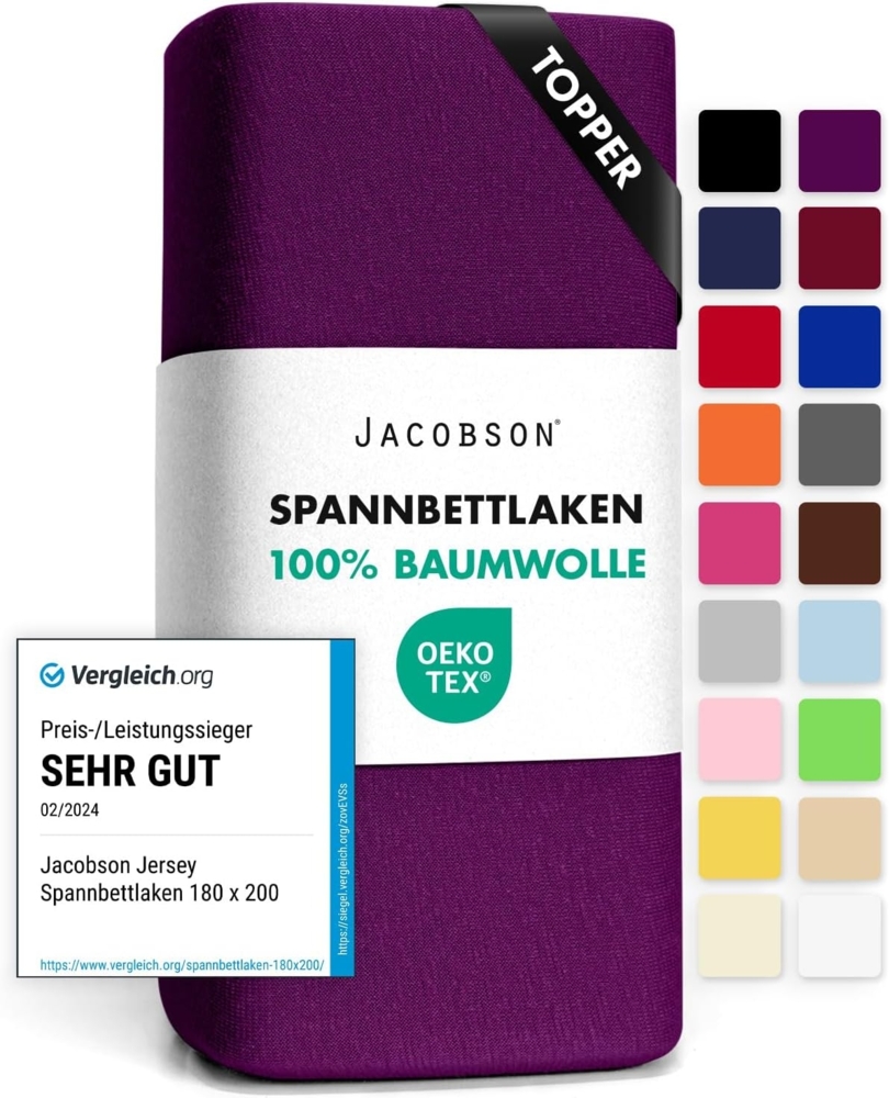 Jacobson Jersey Spannbettlaken Spannbetttuch Baumwolle Bettlaken (Topper 140-160x200 cm, Royal Lila) Bild 1