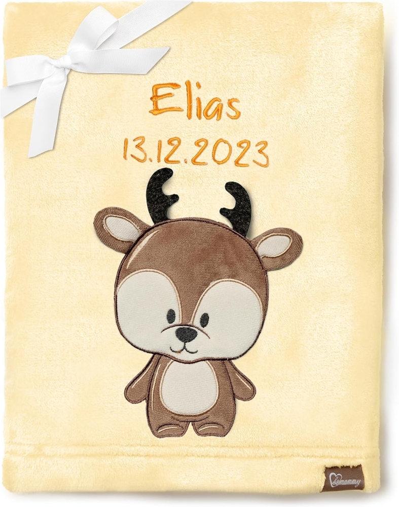 Be Mammy Personalisierte Babydecke mit 3D Applikation Warme Kuscheldecke mit Namen und Geburtsdatum; Perfektes Baby Geschenk; Blanket; Krabbeldecke BE20-280 (Gelb - Hirsch) Bild 1