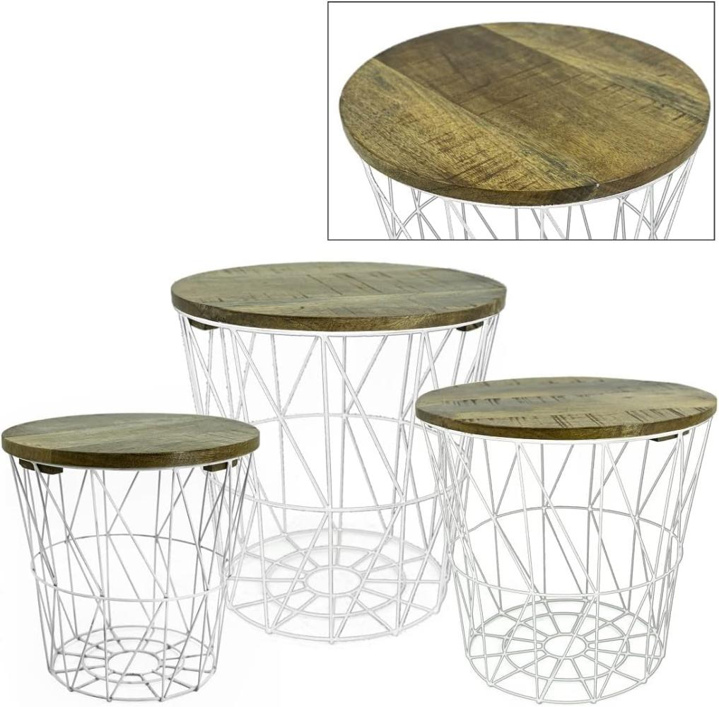 Bada Bing 3er Set Metall Korb weiß Beistelltisch Metallkorb hochwertig Mango Holz Couchtisch edel Kaffeetisch Wohnzimmertisch Modern Industrial Rund Design Couch Deko Tisch Aufbewahrungskorb 28 Bild 1