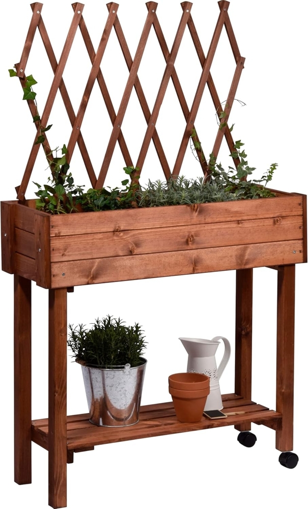 dobar® 58187e rollbares Hochbeet mit Rankgitter | Pflanzkasten auf Rollen | Blumenbeet aus Massiv-Holz | Schmales Kräuterbeet für Garten/Terrasse/Balkon | 79 x 28,5 x 130 cm | Braun Bild 1