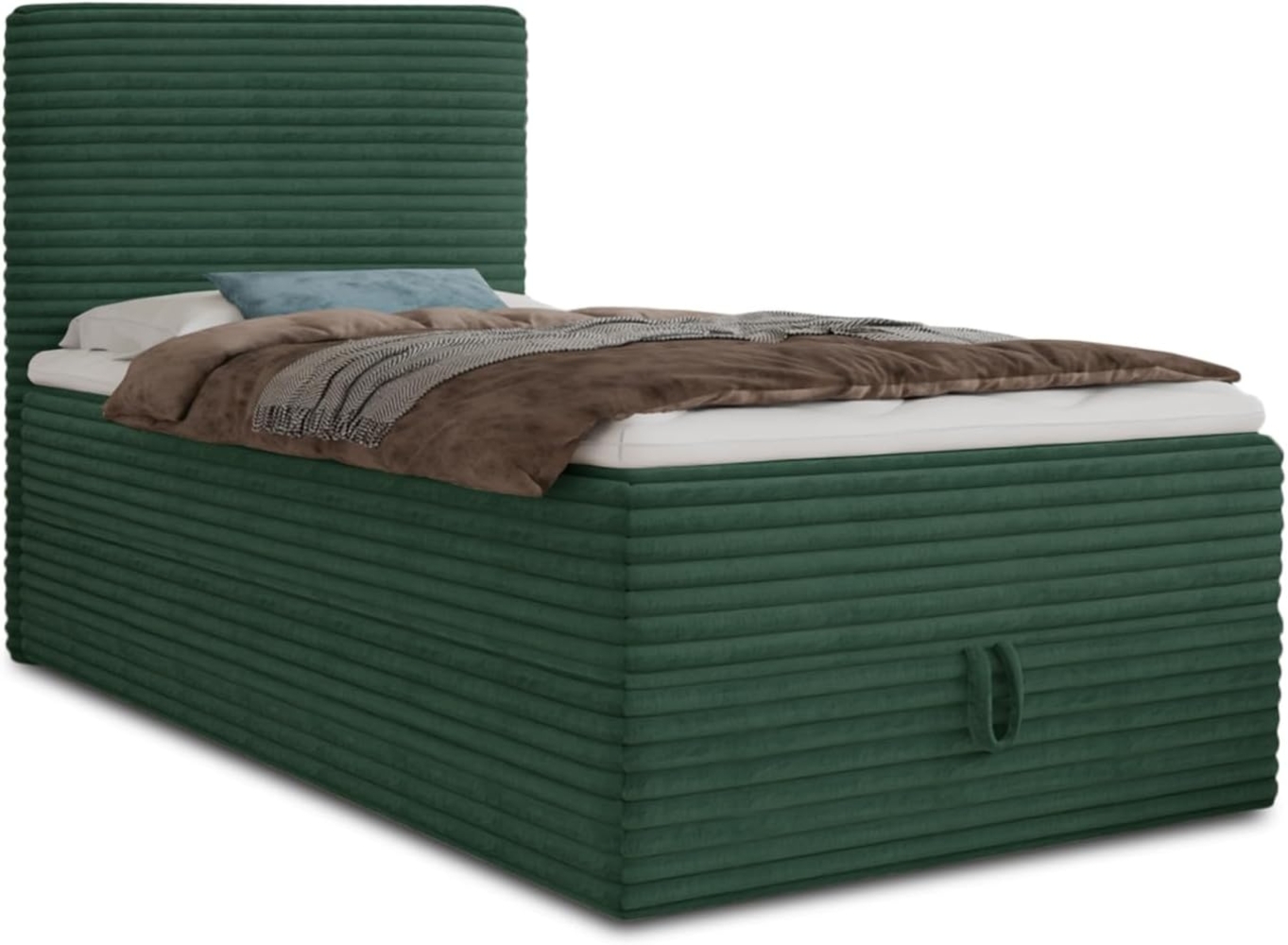 Boxspringbett Mollo Mini mit Bettkasten und Matratzentopper - Einzelbett mit Bonell-Matratze und Topper, Polsterbett in weichem Cordstoff, Bett, Schlafzimmer (Grün (Tilia 39), 100 x 200 cm) Bild 1