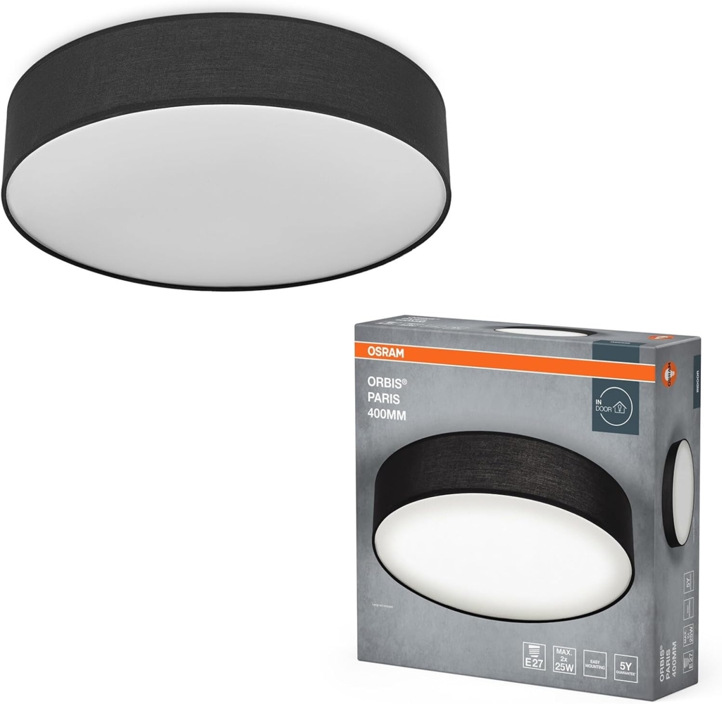 Osram ORBIS PARIS Deckenleuchte 400mm, schwarz, 2XE27-Sockel, kann mit smarter Lampe bestückt werden, modernes Design, mit Stoffschirm, geeignet für Innenräume, rund, IP20 Schutzklasse Bild 1