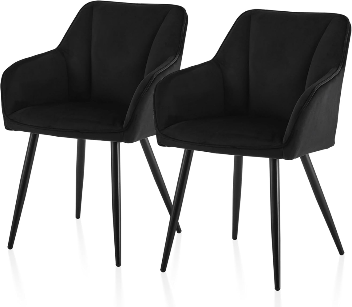 TUKAILAI Esszimmerstühle 2er Set aus Samt,Küchenstuhl Polsterstuhl Armlehnstuhl mit Armlehnen,Rückenlehnen,weiche Sitzpolster,Metallbeinen,Modern Sessel für Küche Esszimmer Wohnzimmer,Schwarz Bild 1