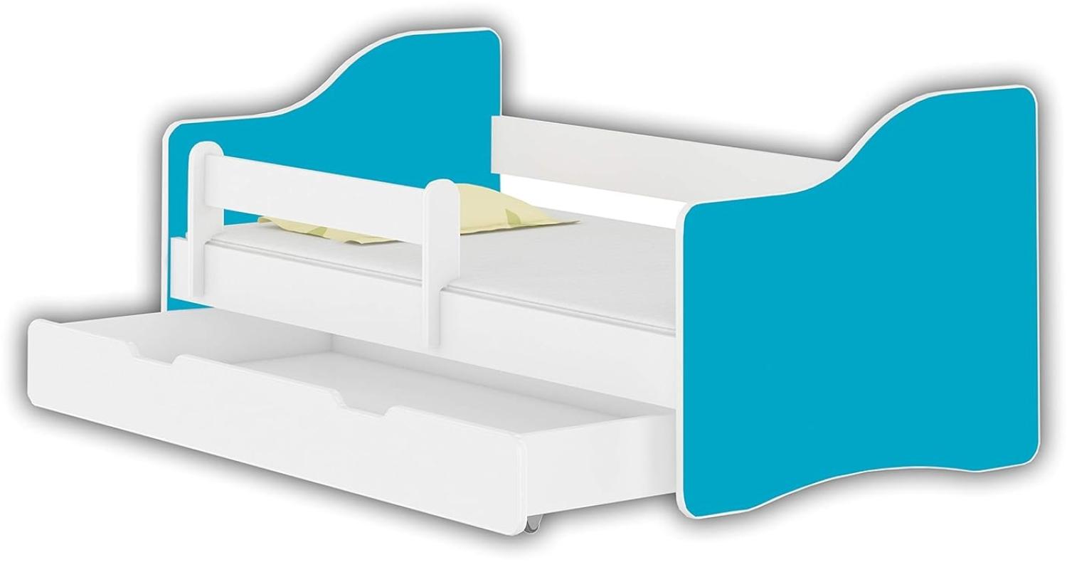 Jugendbett Kinderbett mit einer Schublade mit Rausfallschutz und Matratze Weiß ACMA HAPPY 140x70 160x80 180x80 (Blau, 140x70 cm + Schublade) Bild 1